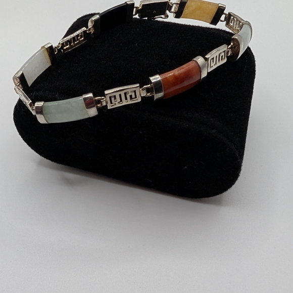 Vintage Chinese 925 Sterling Silver Muti-Color Jade & Chinese GOOD luck Bracelet - Picture 8 of 15